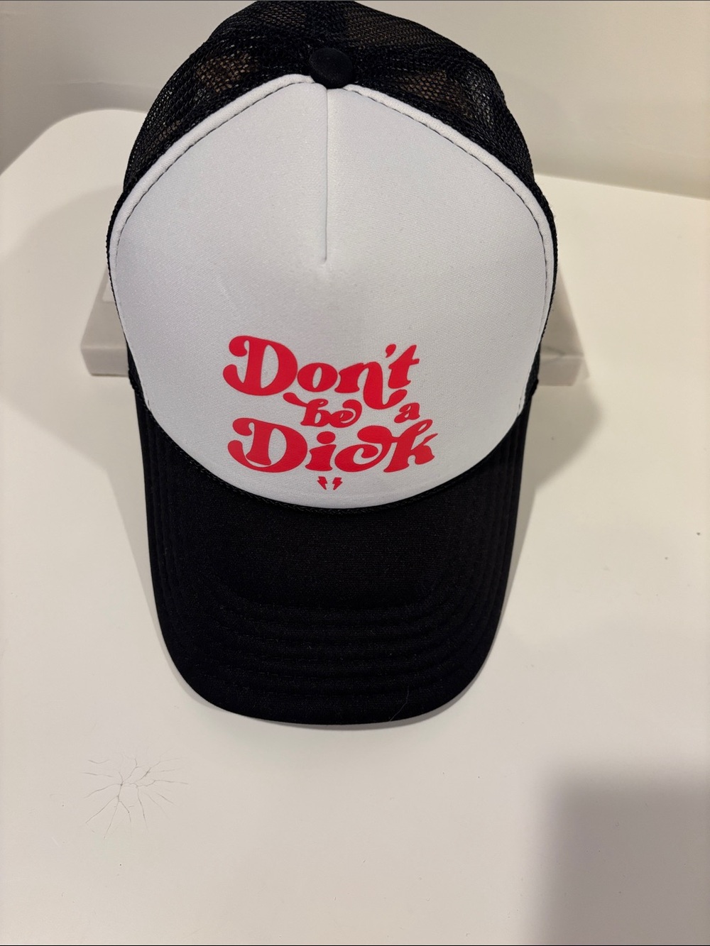 DONT BE A DICK Black and White Trucker Hat with Pink Red Script